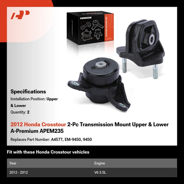 2012 Honda Crosstour 2-Pc Transmission Mount Upper & Lower A-Premium APEM235