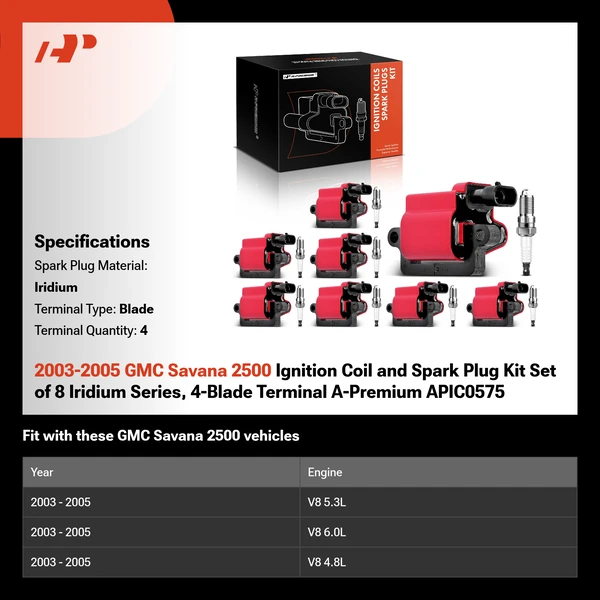 2003-2005 GMC Savana 2500 Ignition Coil and Spark Plug Kit Set of 8 Iridium Series, 4-Blade Terminal A-Premium APIC0575