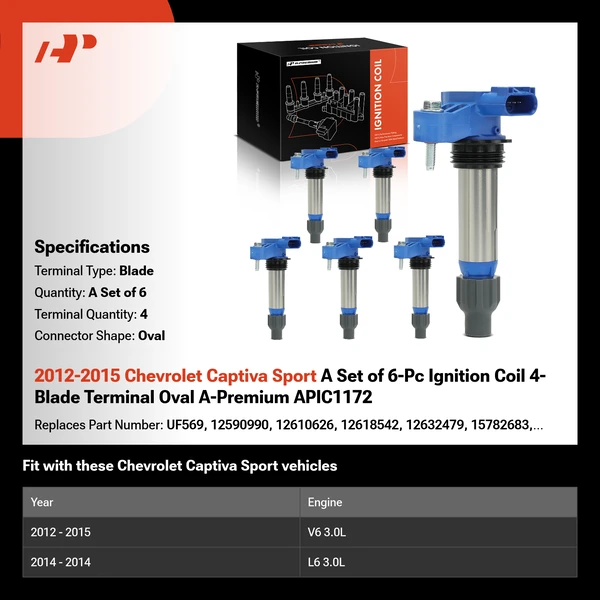 2012-2015 Chevrolet Captiva Sport A Set of 6-Pc Ignition Coil 4-Blade Terminal Oval A-Premium APIC1172