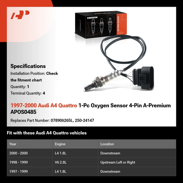 1997-2000 Audi A4 Quattro 1-Pc Oxygen Sensor 4-Pin A-Premium APOS0485