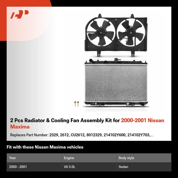 2 Pcs Radiator & Cooling Fan Assembly Kit for 2000-2001 Nissan Maxima