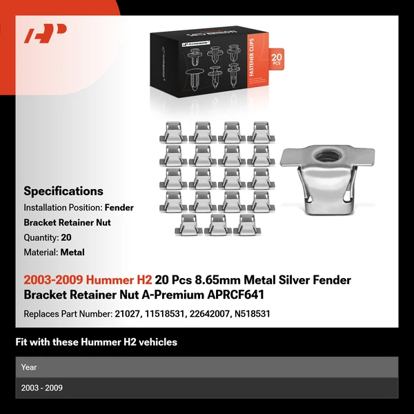 2003-2009 Hummer H2 20 Pcs 8.65mm Metal Silver Fender Bracket Retainer Nut A-Premium APRCF641