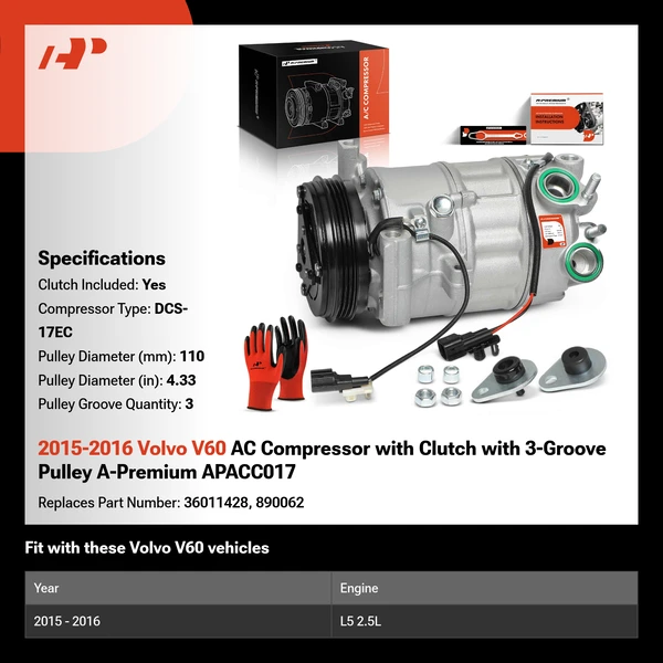 2015-2016 Volvo V60 AC Compressor with Clutch with 3-Groove Pulley A-Premium APACC017