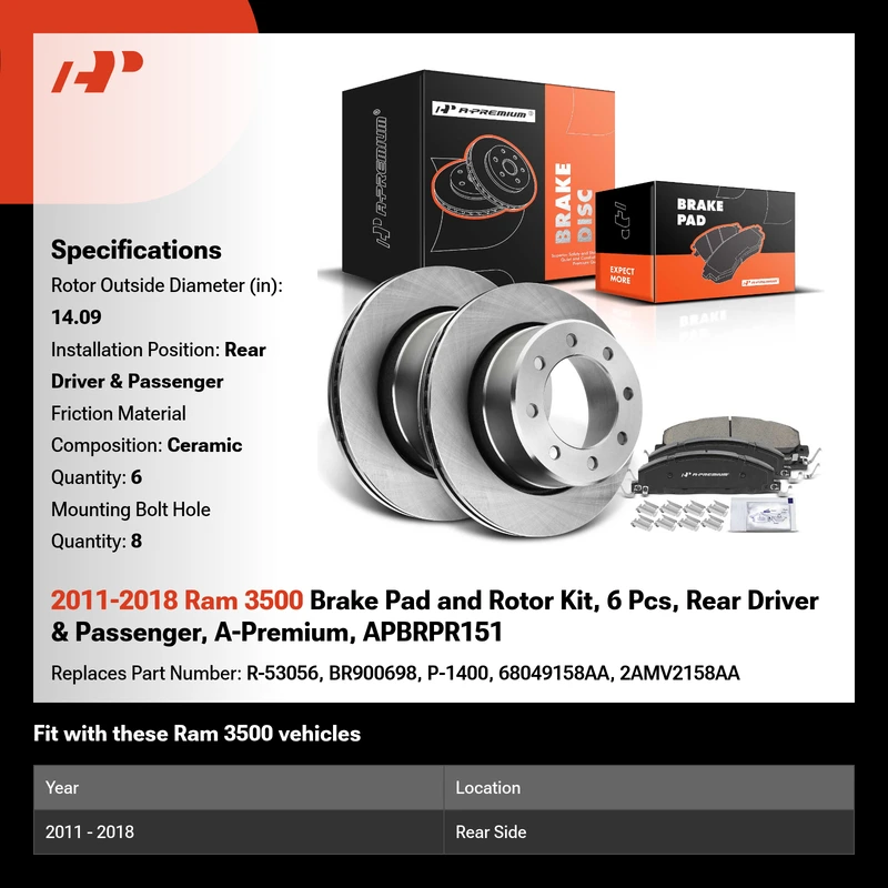 2011-2018 Ram 3500 Brake Pad and Rotor Kit, 6 Pcs, Rear Driver & Passenger, A-Premium, APBRPR151