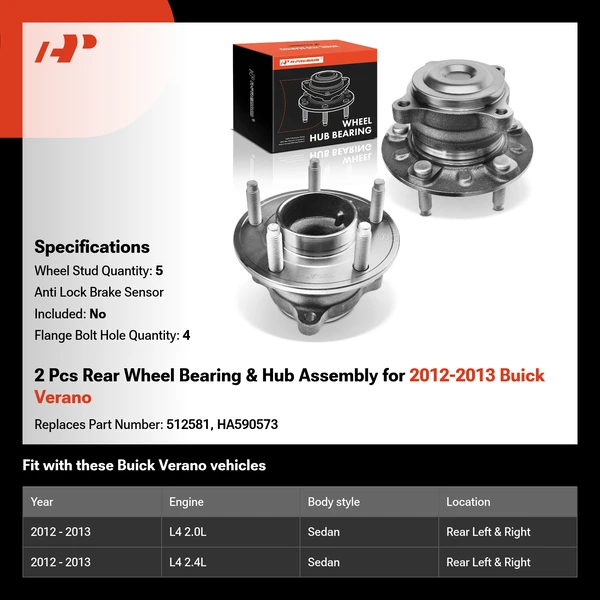 2 Pcs Rear Wheel Bearing & Hub Assembly for 2012-2013 Buick Verano