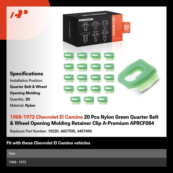 1968-1972 Chevrolet El Camino 20 Pcs Nylon Green Quarter Belt & Wheel Opening Molding Retainer Clip A-Premium APRCF084