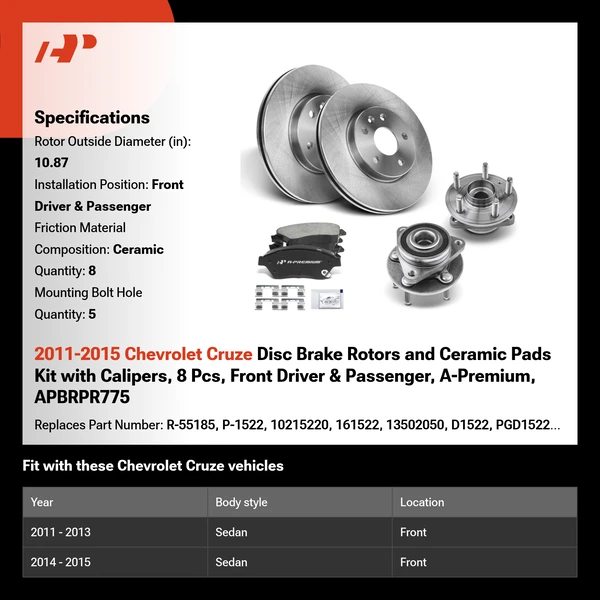 2011-2015 Chevrolet Cruze Disc Brake Rotors and Ceramic Pads Kit with Calipers, 8 Pcs, Front Driver & Passenger, A-Premium, APBRPR775