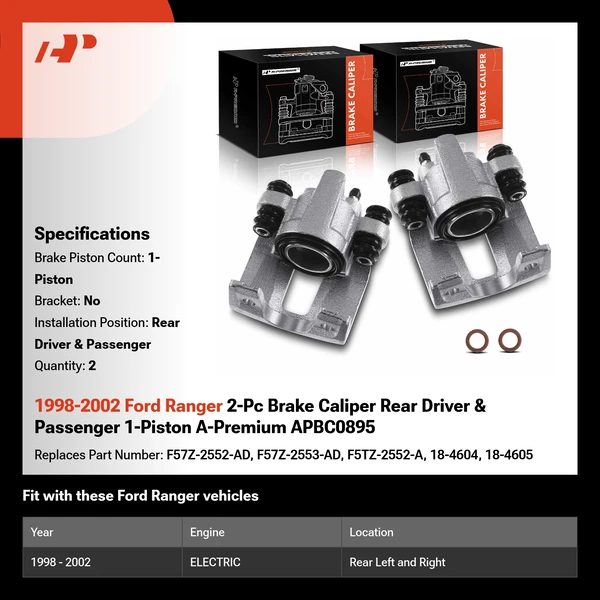 1998-2002 Ford Ranger 2-Pc Brake Caliper Rear Driver & Passenger 1-Piston A-Premium APBC0895