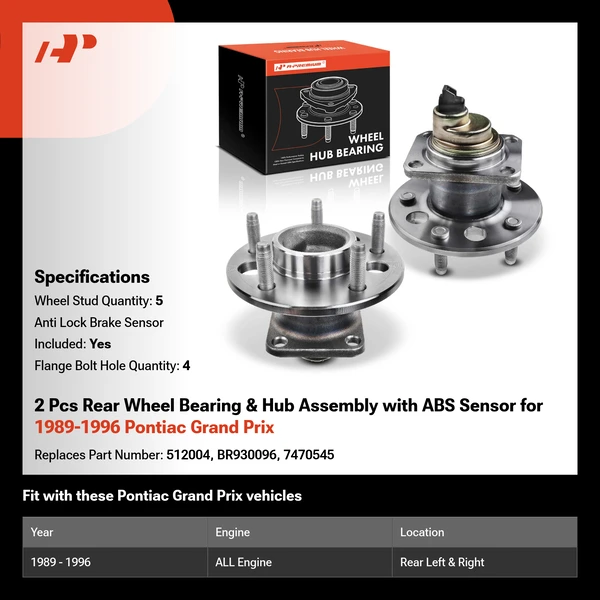 2 Pcs Rear Wheel Bearing & Hub Assembly with ABS Sensor for 1989-1996 Pontiac Grand Prix