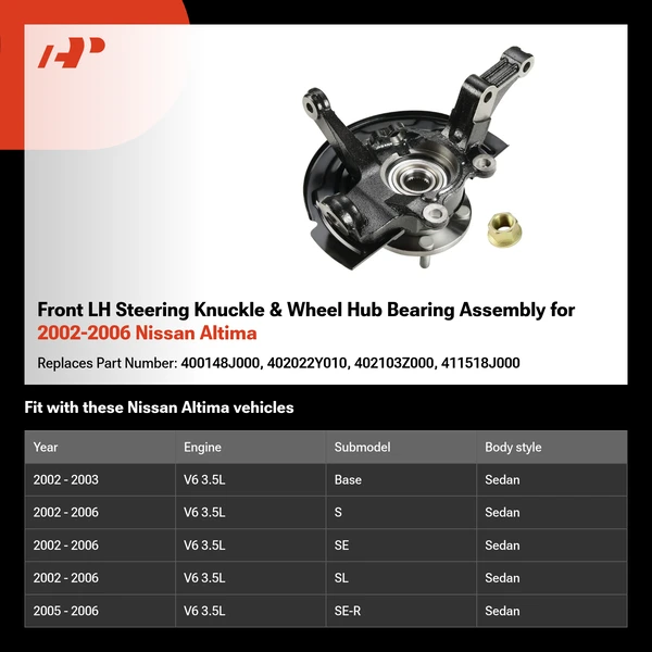 Front LH Steering Knuckle & Wheel Hub Bearing Assembly for 2002-2006 Nissan Altima