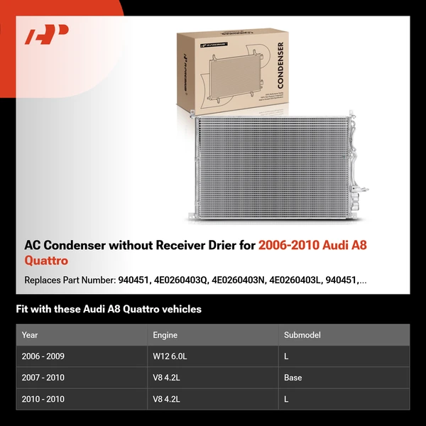 AC Condenser without Receiver Drier for 2006-2010 Audi A8 Quattro