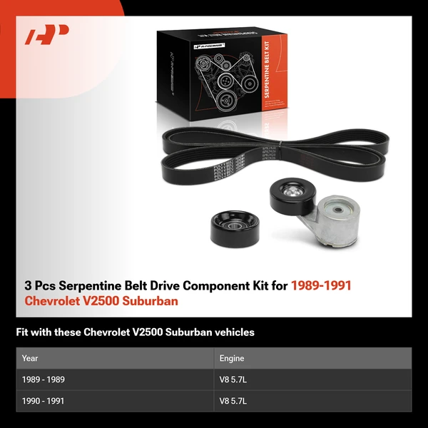 3 Pcs Serpentine Belt Drive Component Kit for 1989-1991 Chevrolet V2500 Suburban