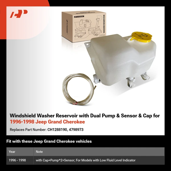 Windshield Washer Reservoir with Dual Pump & Sensor & Cap for 1996-1998 Jeep Grand Cherokee
