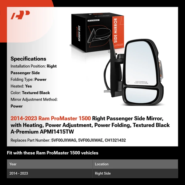2014-2023 Ram ProMaster 1500 Right Passenger Side Mirror, with Heating, Power Adjustment, Power Folding, Textured Black A-Premium APMI1415TW