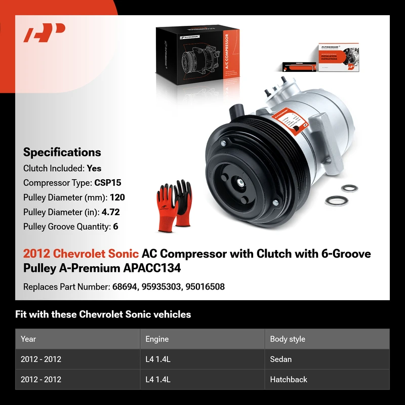 2012 Chevrolet Sonic AC Compressor with Clutch with 6-Groove Pulley A-Premium APACC134