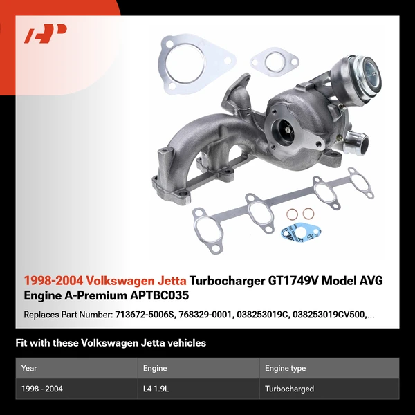 1998-2004 Volkswagen Jetta Turbocharger GT1749V Model AVG Engine A-Premium APTBC035