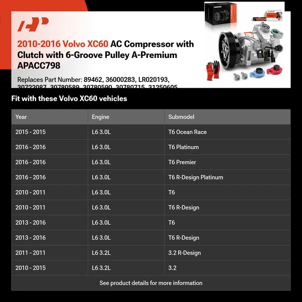 2010-2016 Volvo XC60 AC Compressor with Clutch with 6-Groove Pulley A-Premium APACC798