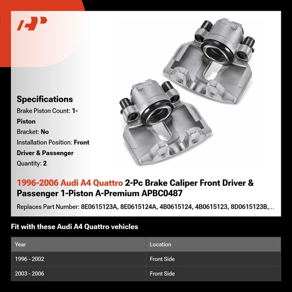 1996-2006 Audi A4 Quattro 2-Pc Brake Caliper Front Driver & Passenger 1-Piston A-Premium APBC0487