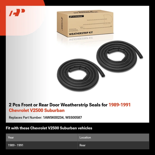 2 Pcs Front or Rear Door Weatherstrip Seals for 1989-1991 Chevrolet V2500 Suburban