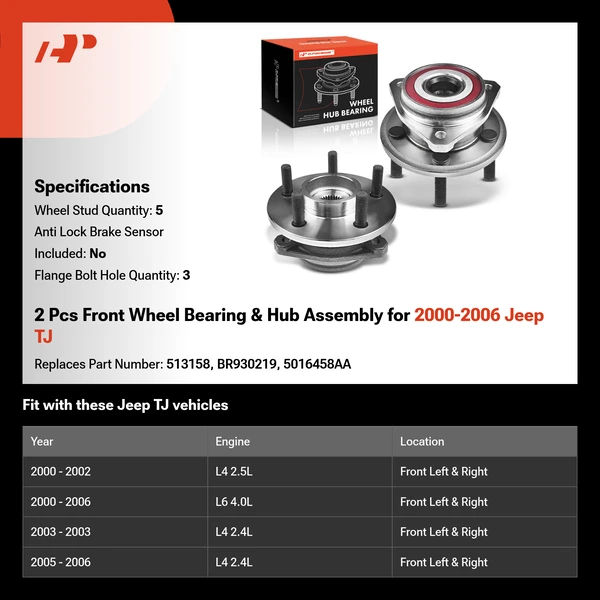 2 Pcs Front Wheel Bearing & Hub Assembly for 2000-2006 Jeep TJ