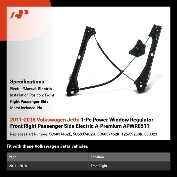 2011-2018 Volkswagen Jetta 1-Pc Power Window Regulator Front Right Passenger Side Electric A-Premium APWR0511