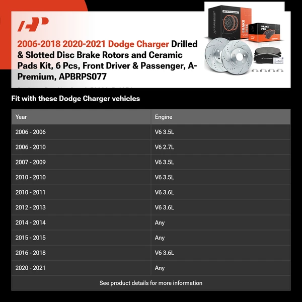 2006-2018 2020-2021 Dodge Charger Drilled & Slotted Disc Brake Rotors and Ceramic Pads Kit, 6 Pcs, Front Driver & Passenger, A-Premium, APBRPS077