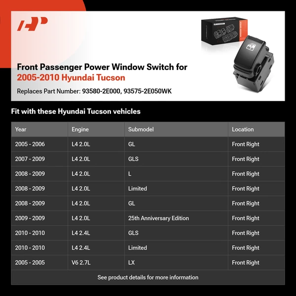 Front Passenger Power Window Switch for 2005-2010 Hyundai Tucson