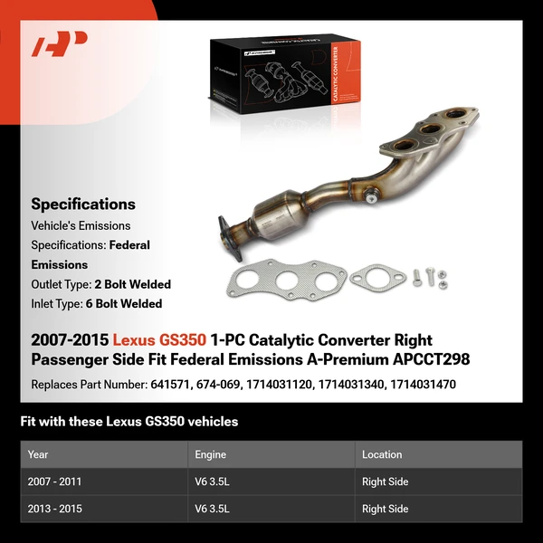 2007-2015 Lexus GS350 1-PC Catalytic Converter Right Passenger Side Fit Federal Emissions A-Premium APCCT298