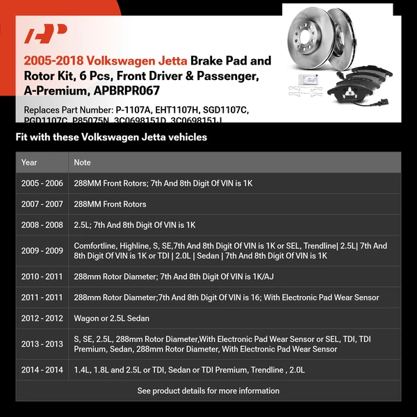 2005-2018 Volkswagen Jetta Brake Pad and Rotor Kit, 6 Pcs, Front Driver & Passenger, A-Premium, APBRPR067