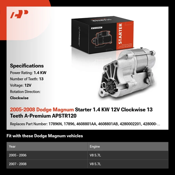 2005-2008 Dodge Magnum Starter 1.4 KW 12V Clockwise 13 Teeth A-Premium APSTR120
