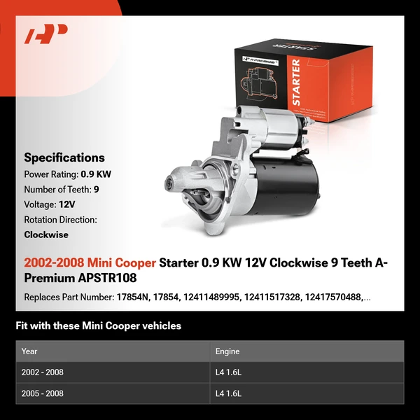 2002-2008 Mini Cooper Starter 0.9 KW 12V Clockwise 9 Teeth A-Premium APSTR108