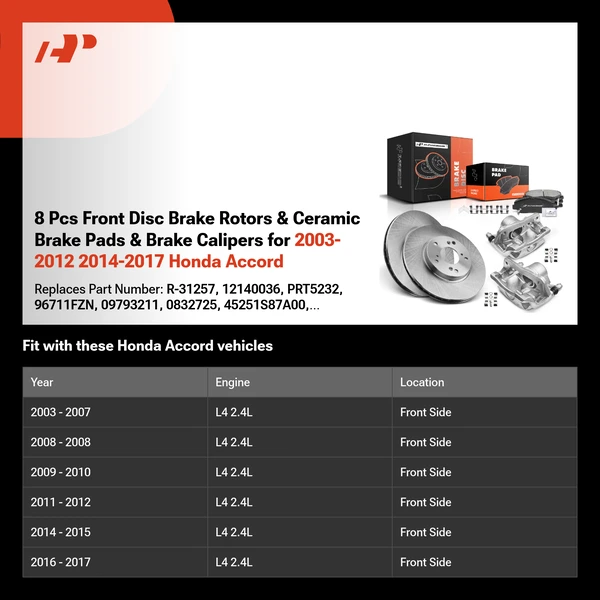 8 Pcs Front Disc Brake Rotors & Ceramic Brake Pads & Brake Calipers for 2003-2012 2014-2017 Honda Accord