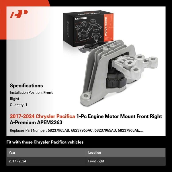 2017-2024 Chrysler Pacifica 1-Pc Engine Motor Mount Front Right A-Premium APEM2263