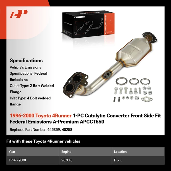 1996-2000 Toyota 4Runner 1-PC Catalytic Converter Front Side Fit Federal Emissions A-Premium APCCT550