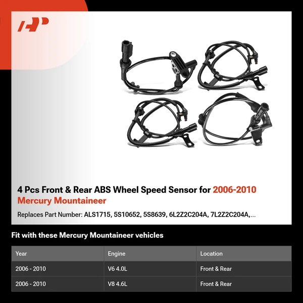 4 Pcs Front & Rear ABS Wheel Speed Sensor for 2006-2010 Mercury Mountaineer
