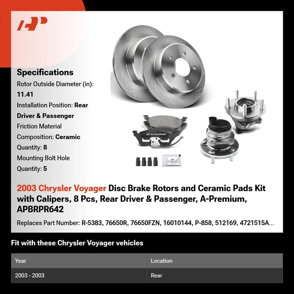 2003 Chrysler Voyager Disc Brake Rotors and Ceramic Pads Kit with Calipers, 8 Pcs, Rear Driver & Passenger, A-Premium, APBRPR642