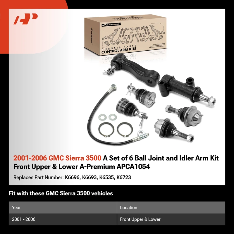 2001-2006 GMC Sierra 3500 A Set of 6 Ball Joint and Idler Arm Kit Front Upper & Lower A-Premium APCA1054