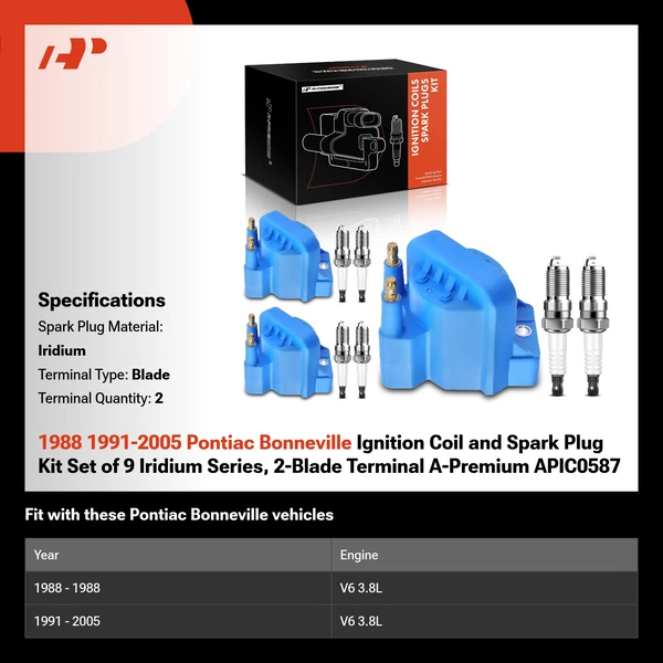1988 1991-2005 Pontiac Bonneville Ignition Coil and Spark Plug Kit Set of 9 Iridium Series, 2-Blade Terminal A-Premium APIC0587