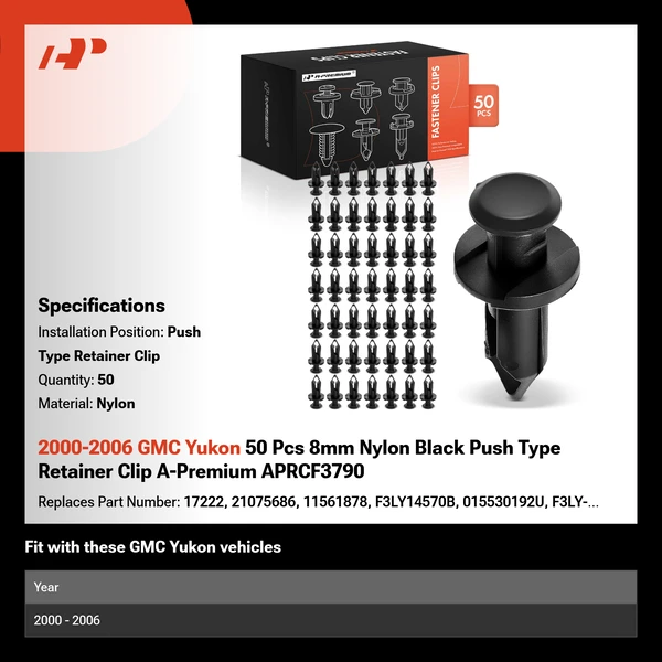 2000-2006 GMC Yukon 50 Pcs 8mm Nylon Black Push Type Retainer Clip A-Premium APRCF3790
