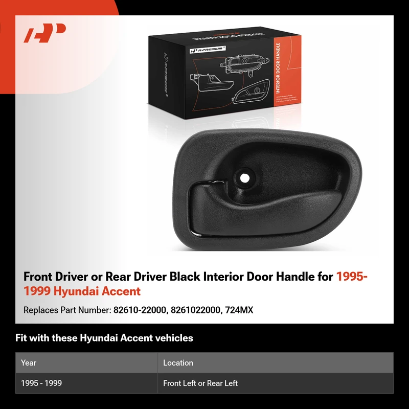 Front Driver or Rear Driver Black Interior Door Handle for 1995-1999 Hyundai Accent