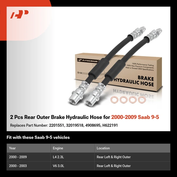 2 Pcs Rear Outer Brake Hydraulic Hose for 2000-2009 Saab 9-5