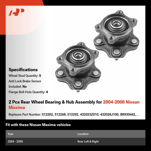 2 Pcs Rear Wheel Bearing & Hub Assembly for 2004-2008 Nissan Maxima