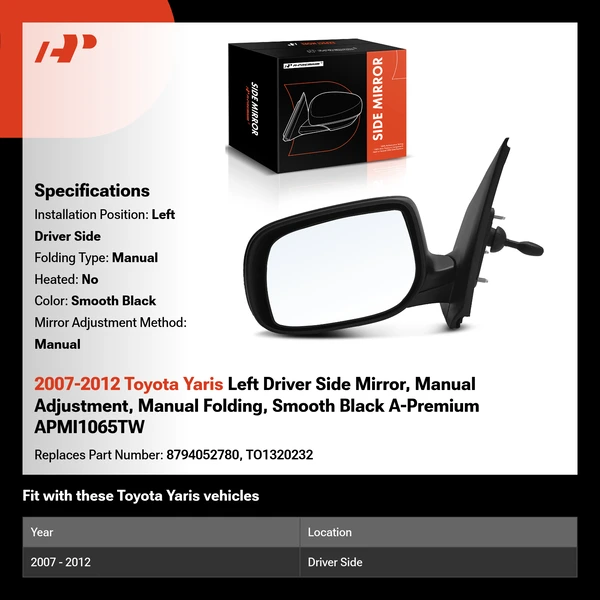 2007-2012 Toyota Yaris Left Driver Side Mirror, Manual Adjustment, Manual Folding, Smooth Black A-Premium APMI1065TW