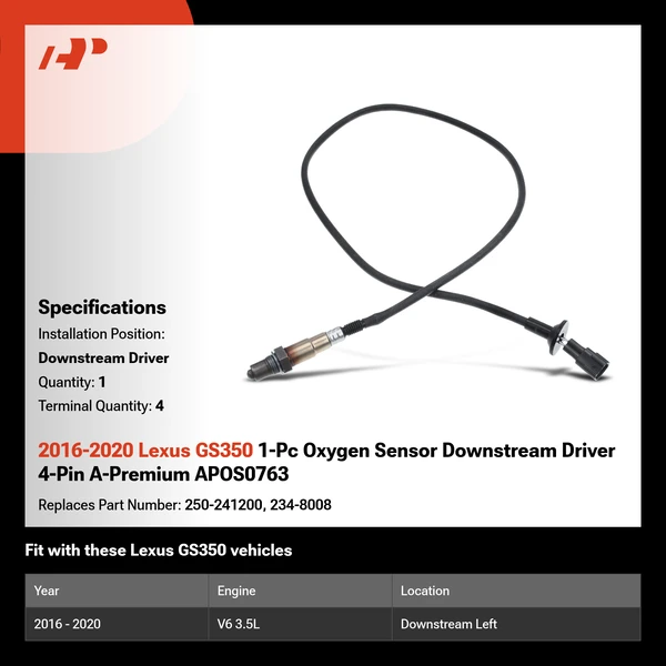 2016-2020 Lexus GS350 1-Pc Oxygen Sensor Downstream Driver 4-Pin A-Premium APOS0763