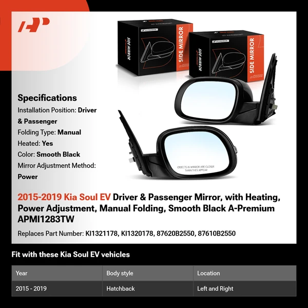 2015-2019 Kia Soul EV Driver & Passenger Mirror, with Heating, Power Adjustment, Manual Folding, Smooth Black A-Premium APMI1283TW