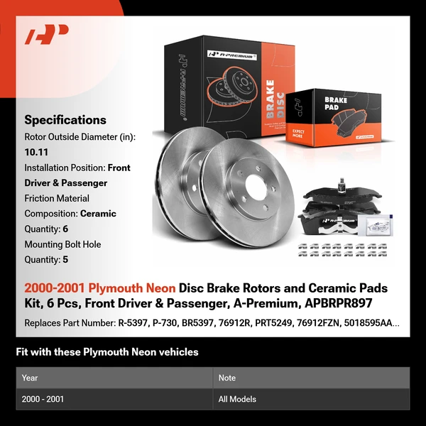 2000-2001 Plymouth Neon Disc Brake Rotors and Ceramic Pads Kit, 6 Pcs, Front Driver & Passenger, A-Premium, APBRPR897