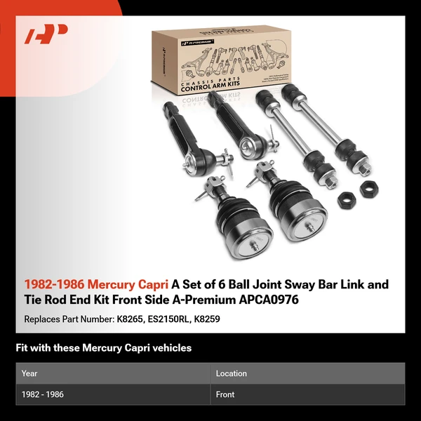 1982-1986 Mercury Capri A Set of 6 Ball Joint Sway Bar Link and Tie Rod End Kit Front Side A-Premium APCA0976