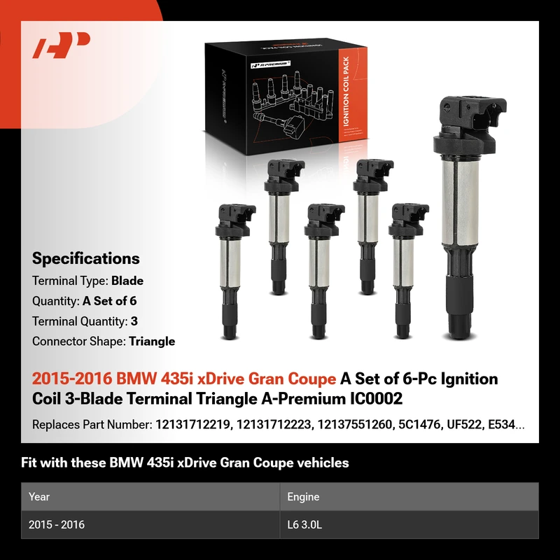 2015-2016 BMW 435i xDrive Gran Coupe A Set of 6-Pc Ignition Coil 3-Blade Terminal Triangle A-Premium IC0002