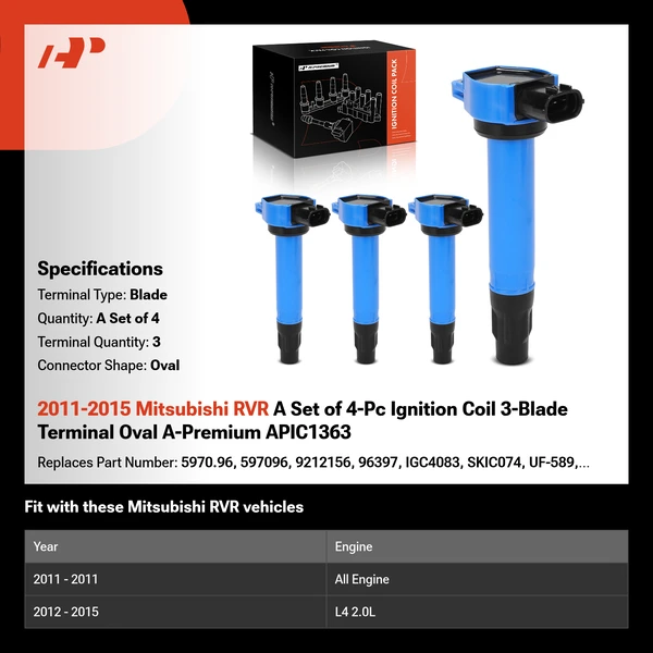 2011-2015 Mitsubishi RVR A Set of 4-Pc Ignition Coil 3-Blade Terminal Oval A-Premium APIC1363