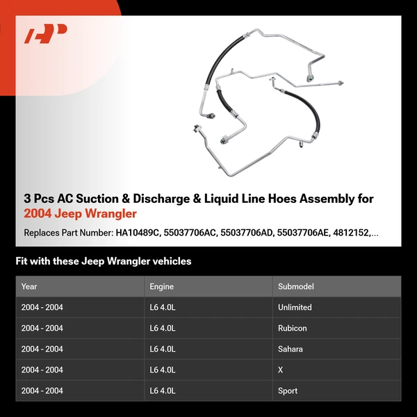 3 Pcs AC Suction & Discharge & Liquid Line Hoes Assembly for 2004 Jeep Wrangler